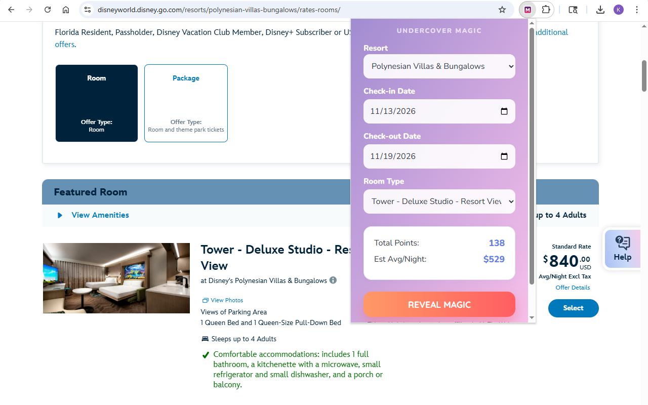 Screenshot of the tool showing the points required for a specific reservation.